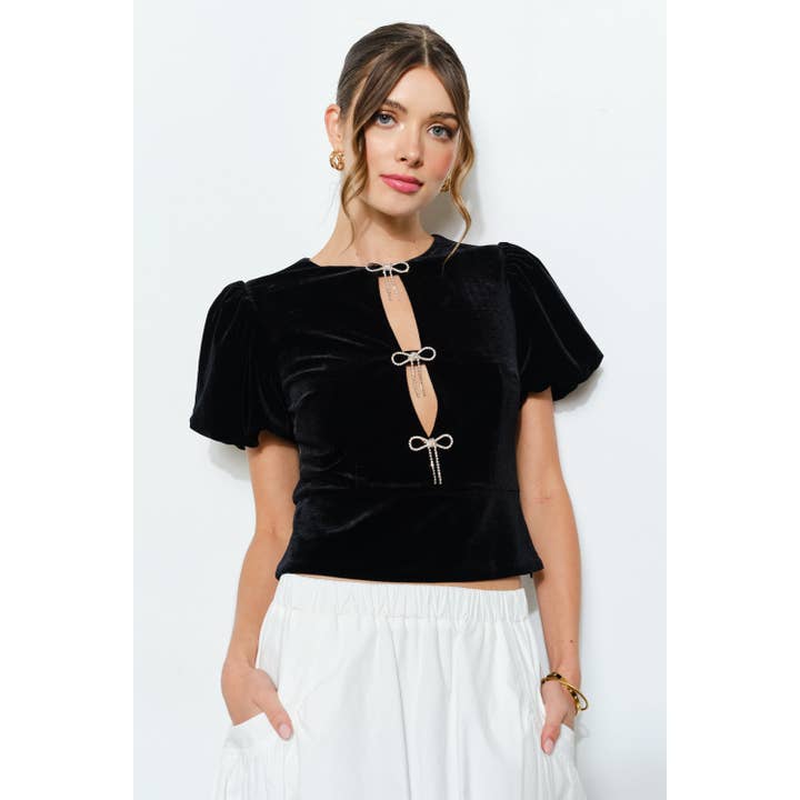 INA - Wholesale Blouse - Women's - Rhinestone Bow Cutout Velvet Puff Sleeve Top10