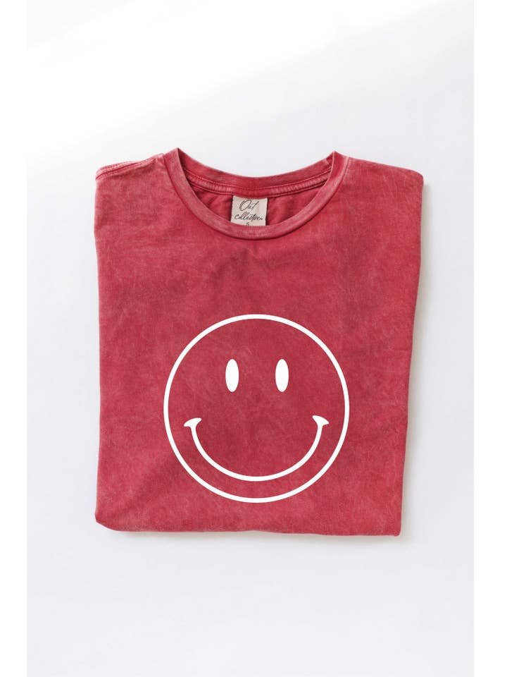OAT COLLECTIVE - Wholesale Screen Printed T-Shirt - Women's - Smiley Face Mineral Washed Graphic Top - Made to Order
