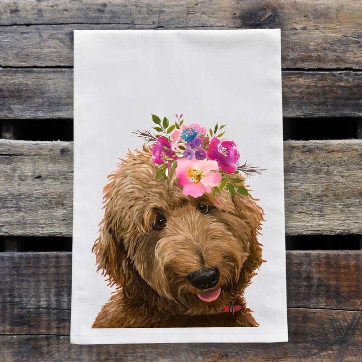Golden Doodle Tea Towel, Flowers, Dog Lover Kitchen Decor for wholesale by Hippie Hound Studios