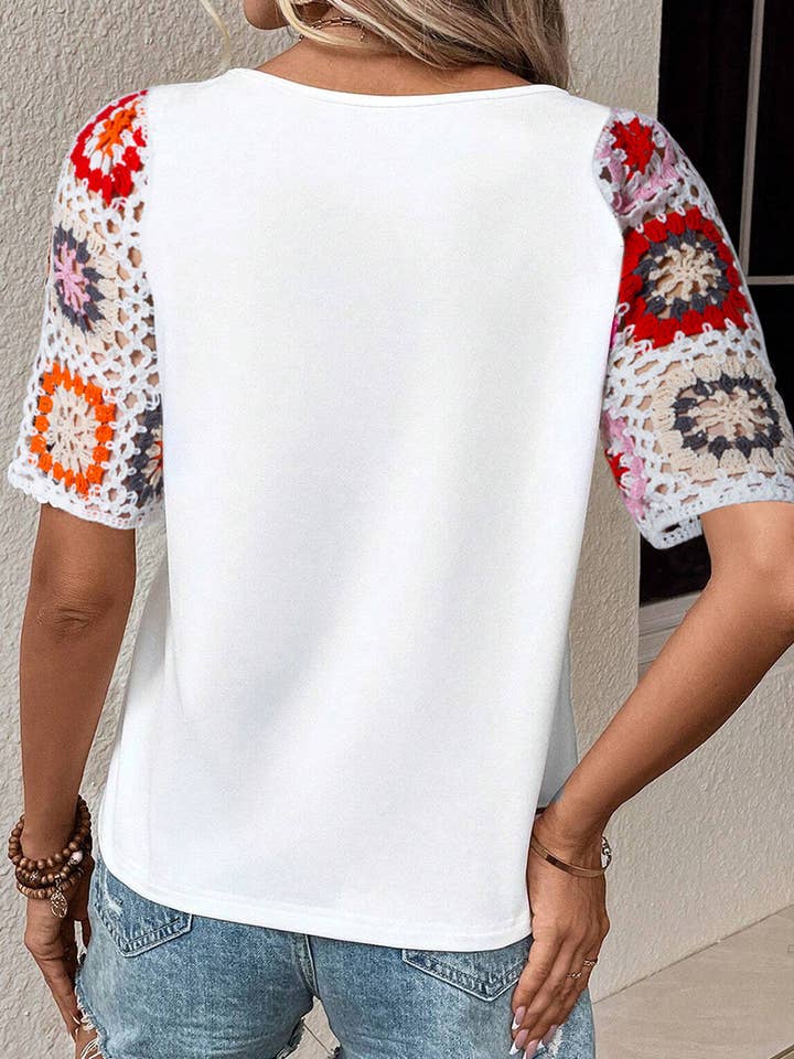 Lovesoft - Wholesale Knit Top - Women's - Casual Round Neck Half Sleeve Top Floral Crochet T Shirt