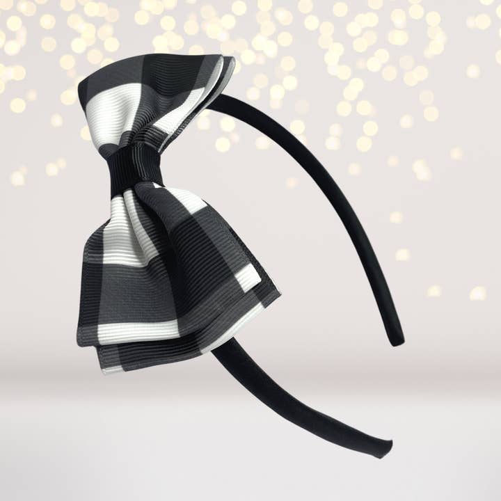 Blanc et Noir Serre-tête à carreaux à carreaux Buffalo pour fille avec noeud en bois, carreaux noirs et blancs en vente sur Faire2