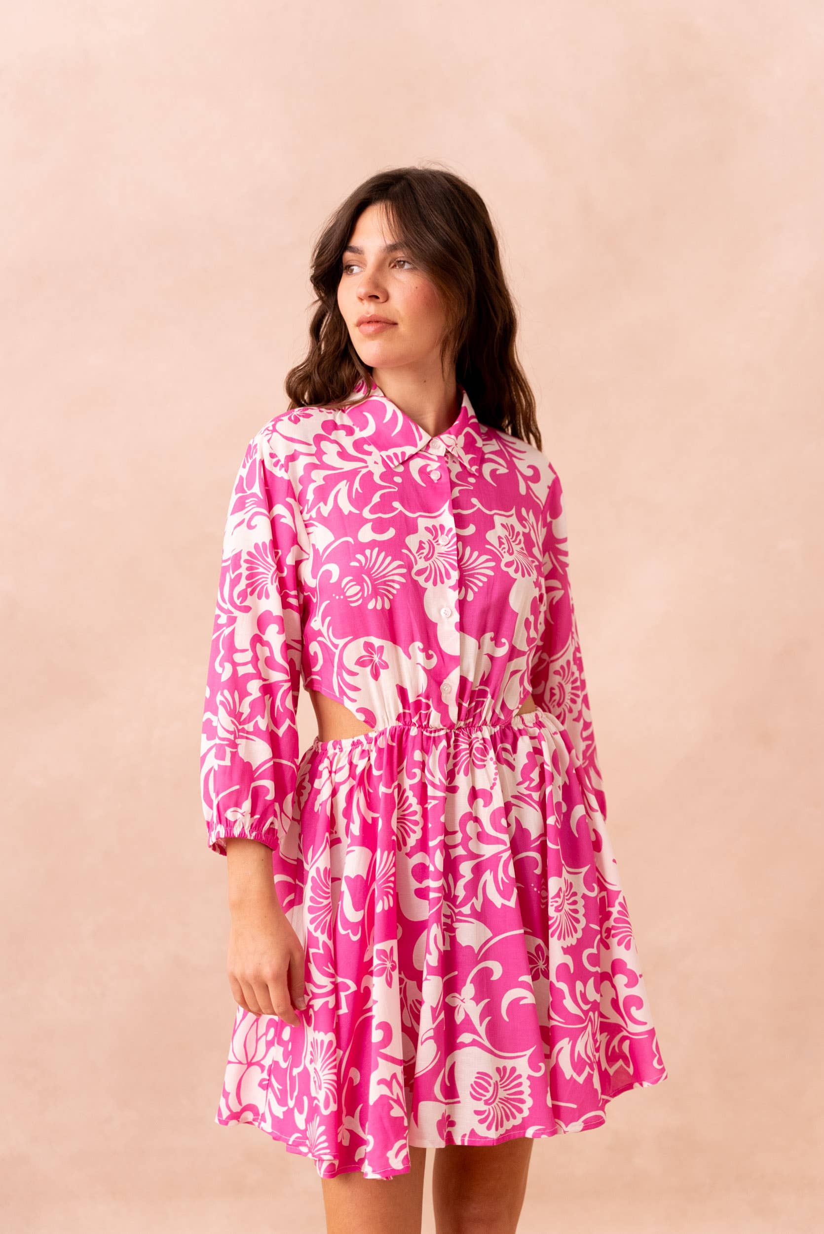 Attentif Paris - Wholesale Dress - Women's - Short printed dress with lapel collar side openings7