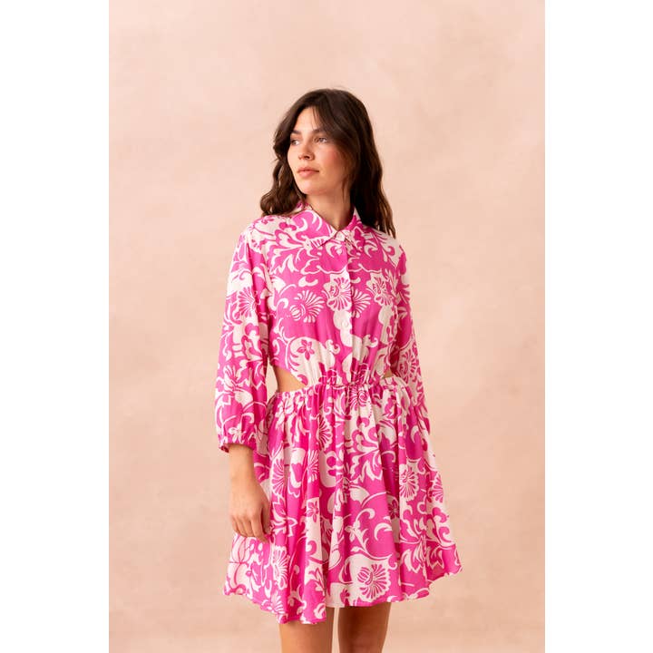 Attentif Paris - Wholesale Dress - Women's - Short printed dress with lapel collar side openings7