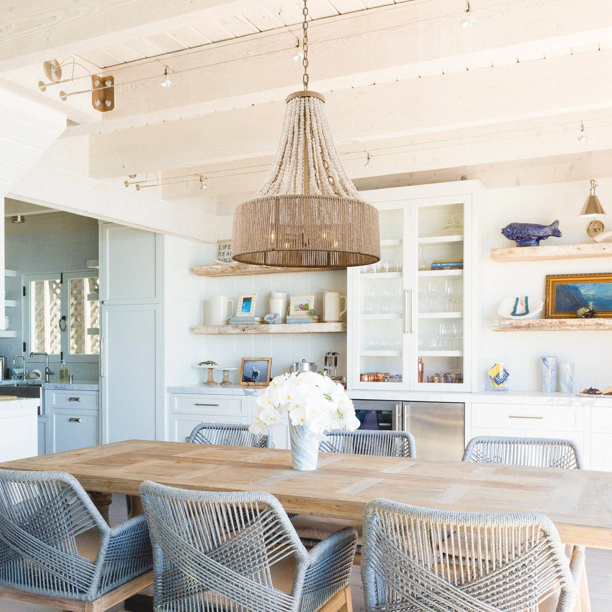 Brio Lighting - Wholesale Chandelier/Hanging Light - Farmhouse Chandelier 4-Light Golden Wood Bead Woven Shade12