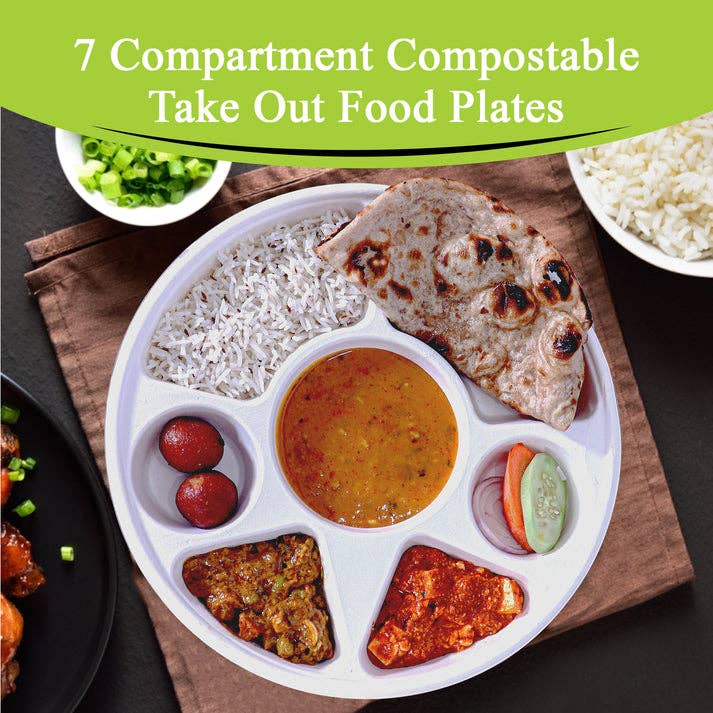 Three Leaf Products - Wholesale Disposable Plate - Three Leaf 7 Compartment Bagasse Round Plate, 200 Ct.1