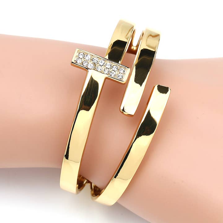 Silver, Rose Or Gold Tone Hinged T-Bar Cuff Bangle Bracelet for wholesale by United Elegance