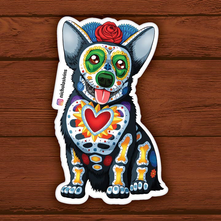 Day of the Dead Dog Corgi Sticker - "Cabo" for wholesale by Nicholas Ivins Art & Illustration