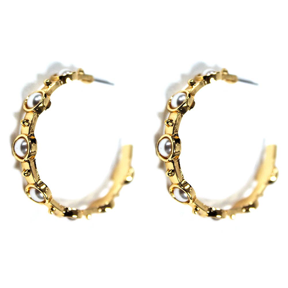 What's Hot - Wholesale Hoop Earrings - Hammered Gold 2" Hoop with Pearl Studded Stone Earring0