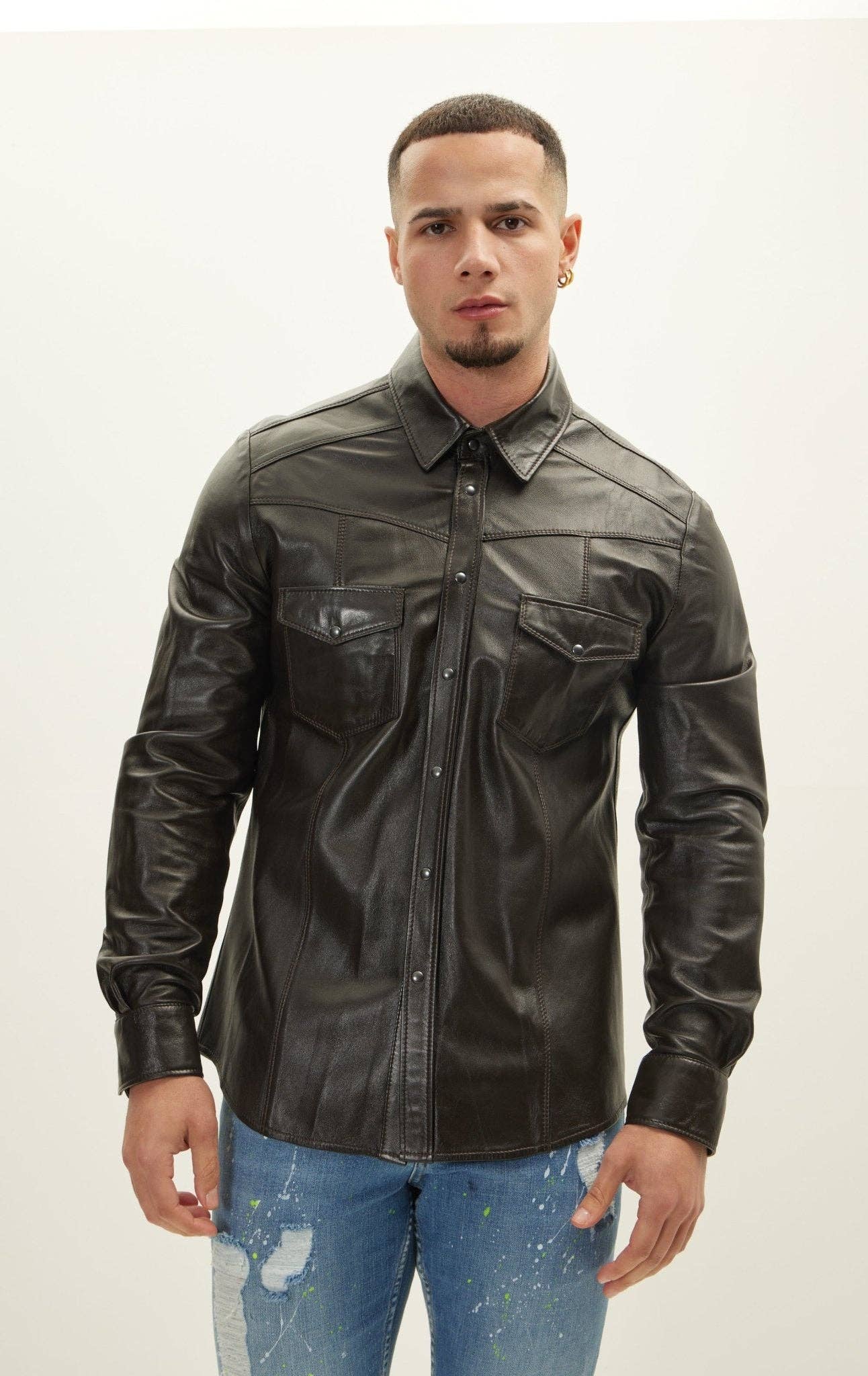 Men's Genuine Lambskin Leather Shirt - Dark Brown for wholesale on Faire0