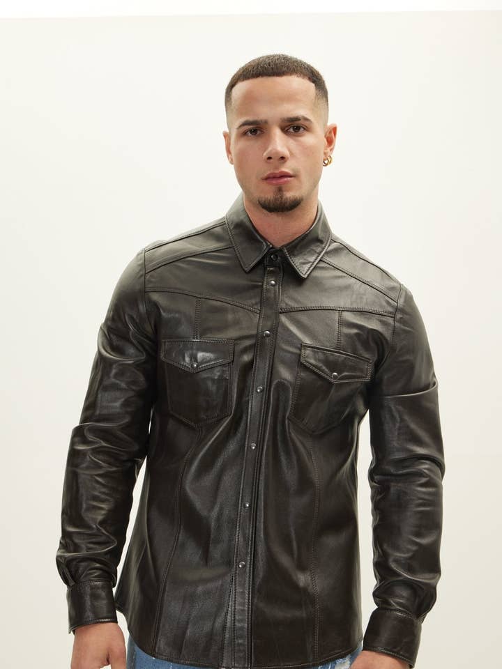 Men's Genuine Lambskin Leather Shirt - Dark Brown for wholesale on Faire0