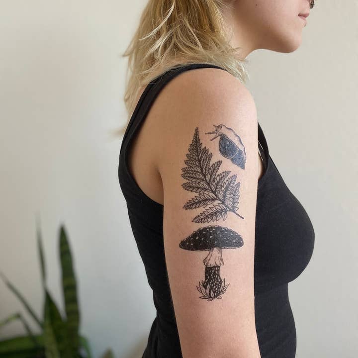 NatureTats - Wholesale Temporary Tattoo - Amanita Mushroom, Fern, Snail Temporary Tattoo