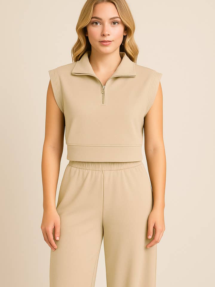 Women's Cropped Cap Sleeve Top With Zip Up Collar - "Zac T" for wholesale by LIOR / ALISHA D