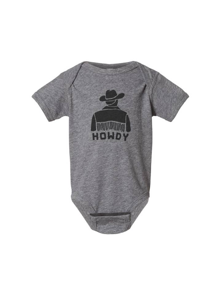 Howdy Cowboy Fringe Baby Onesie for wholesale by Buffalo Mountain Print + Supply