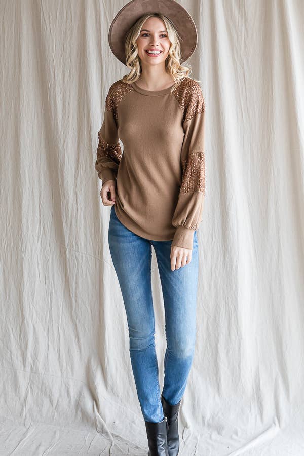 7th Ray - Wholesale Knit Top - Women's - Women's Casual Brush Knit Top with Sequin Contrast T439926
