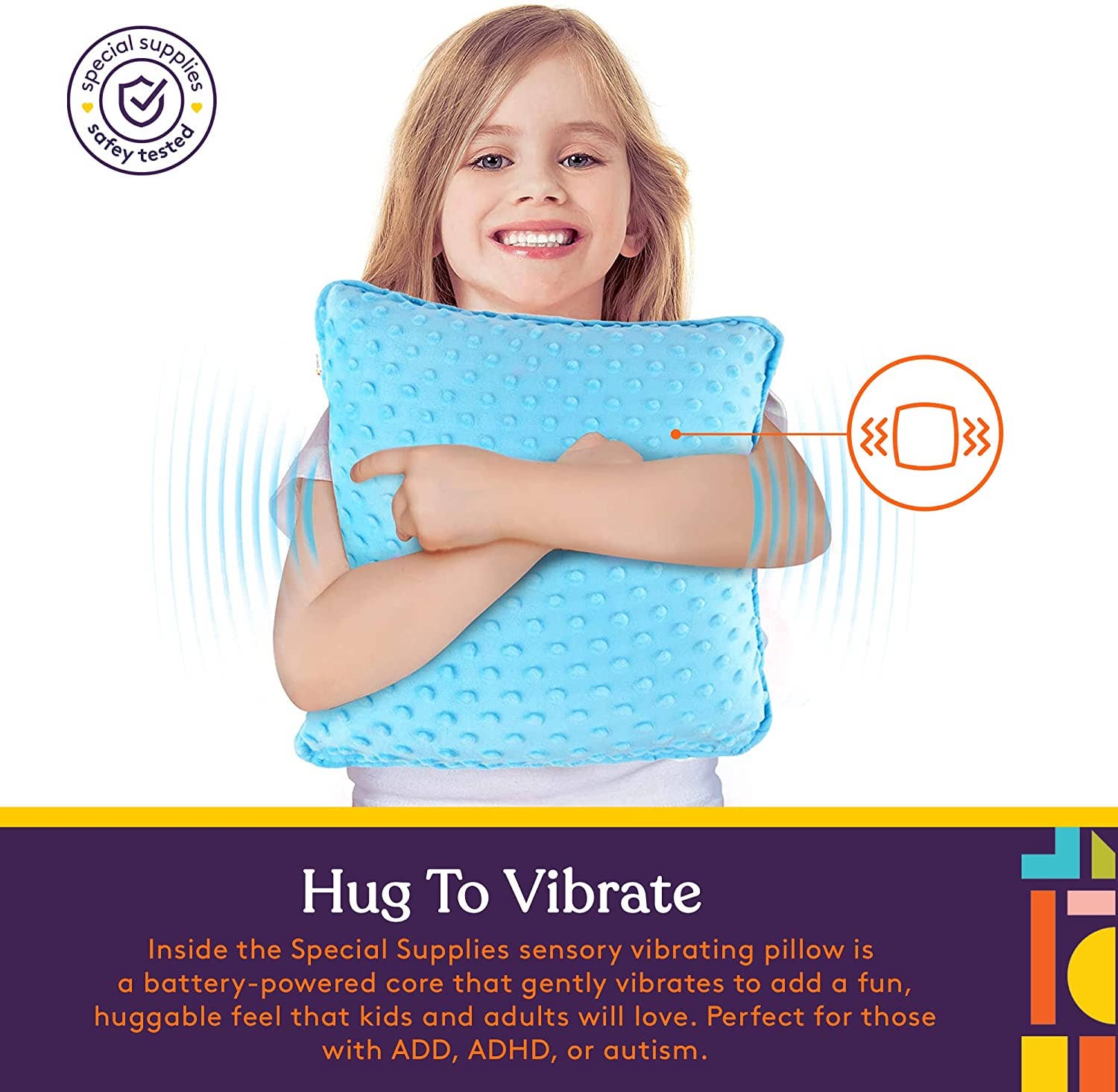 Special Supplies - Wholesale Pillow/Cushion - Kids & Baby - Sensory Vibrating Pillow – Pressure-Activated Calming Support for Kids & Adults, 12” Plush with Textured Bumps, 3 Vibration Modes, Music & Voice Recording (Blue)4