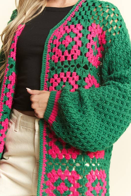 JADE BY JANE - Vente Cardigan – femme - Cardigan en maille ouverte bicolore en crochet carré à motif floral19