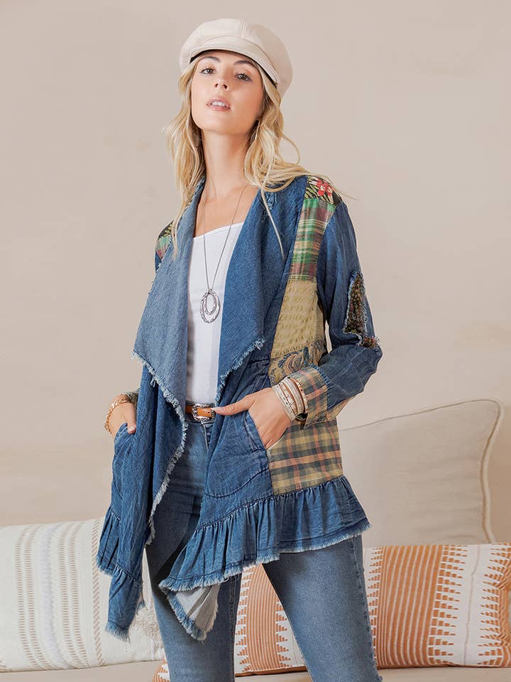 Young Threads - Wholesale Button Down Shirt - Women's - Western Boho Chic: Patched Denim Shrug ALSO IN PLUS