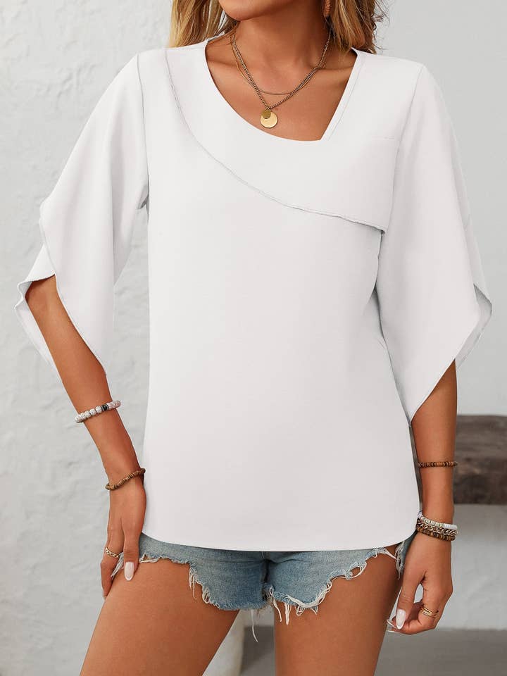 Lovesoft - Wholesale Blouse - Women's - Women's Ruffled Split Sleeve V-Neck Casual Flowing Chiffon Top