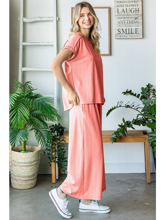 7th Ray - Wholesale Loungeset - Dames - Stevige Getextureerde Korte Mouw Wijde Pijpen Broek Lounge Set TP550410