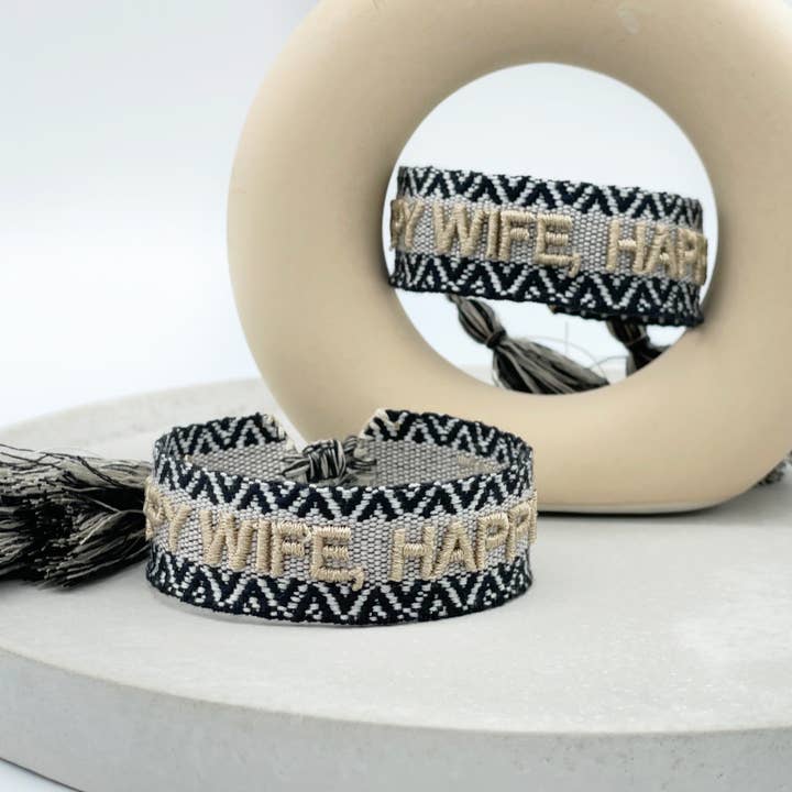 Parsley & Pepper - Wholesale Woven/Braided Bracelet - HAPPY WIFE, HAPPY LIFE statement bracelet woven, embroidered