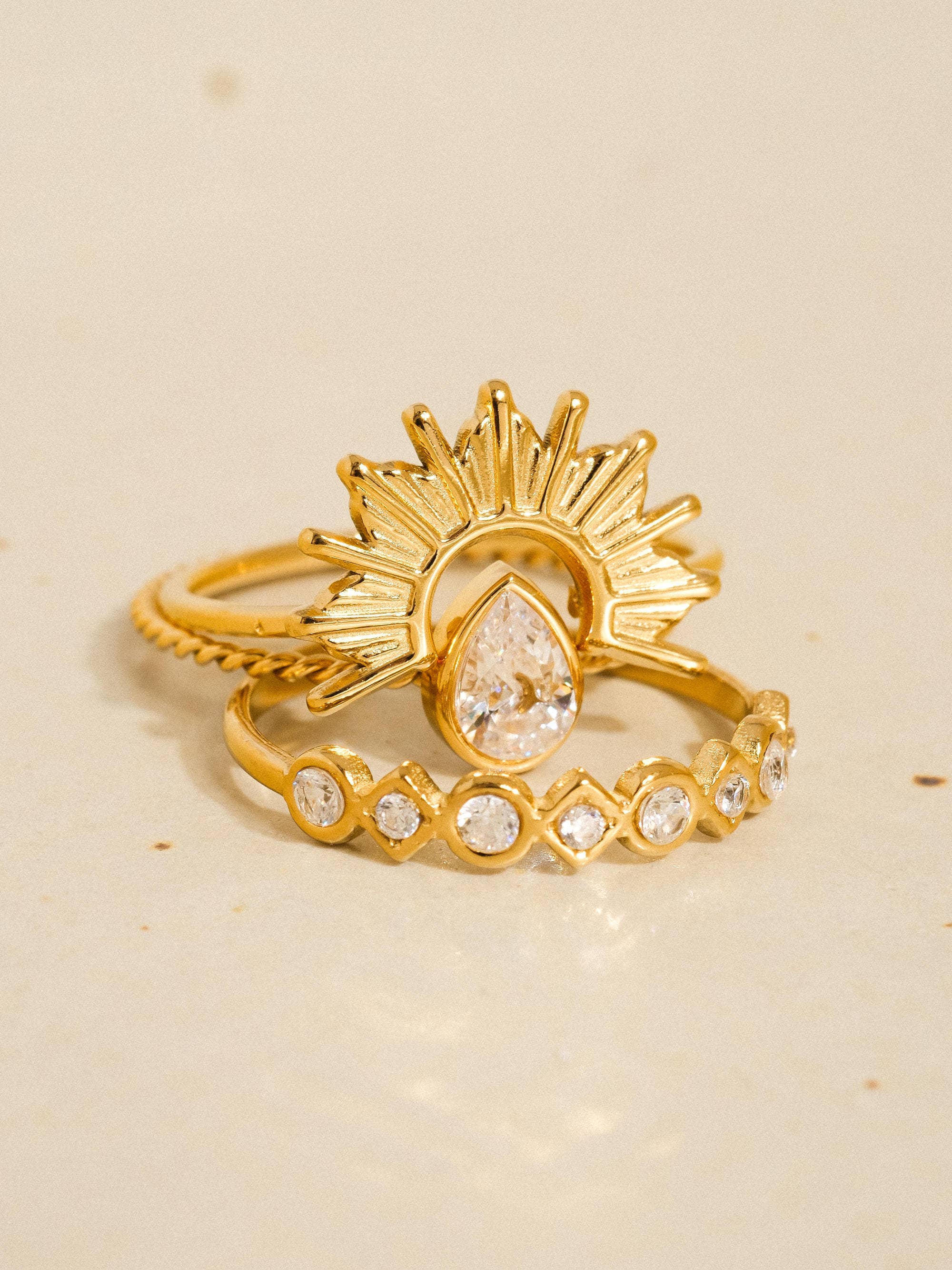 Françoise 18K Gold Non-Tarnish Sun Stone CZ Layered Ring for wholesale on Faire1