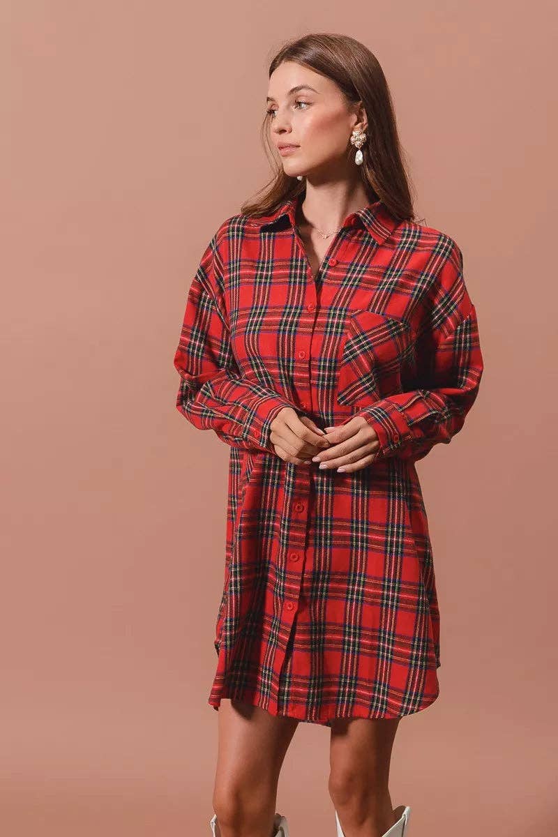 RED MULTI SO ME Christmas Checker Plaid Button Up Shirt Dress for wholesale on Faire8