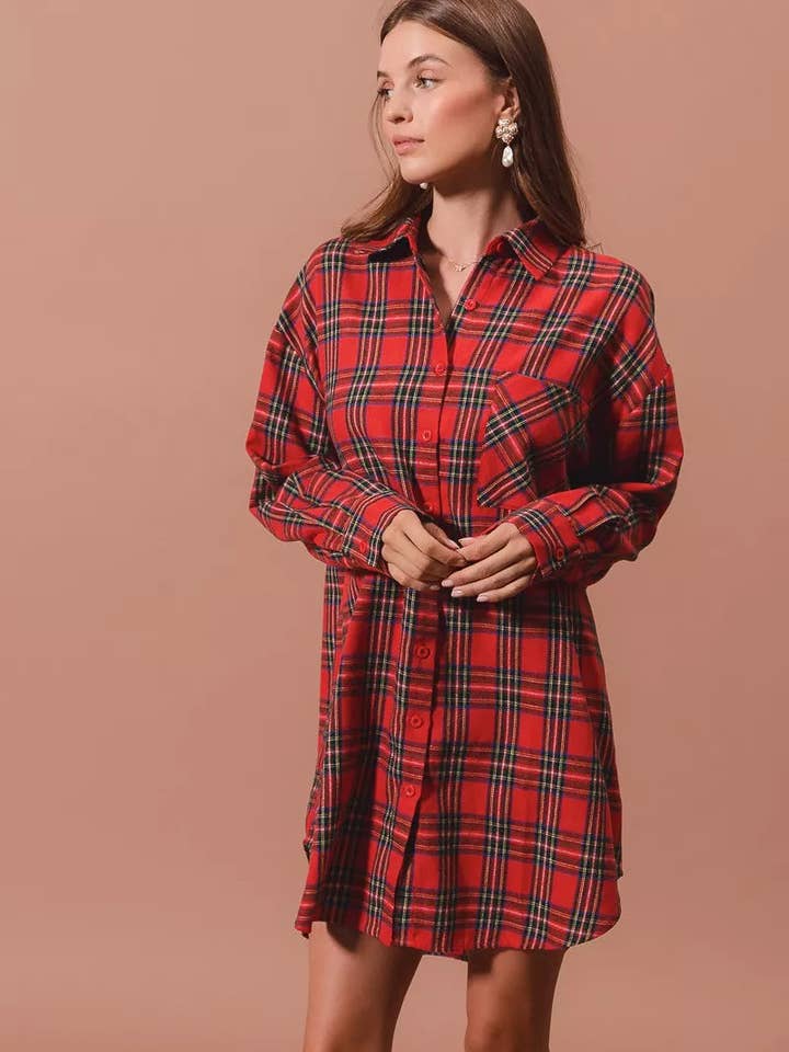 RED MULTI SO ME Christmas Checker Plaid Button Up Shirt Dress for wholesale on Faire8