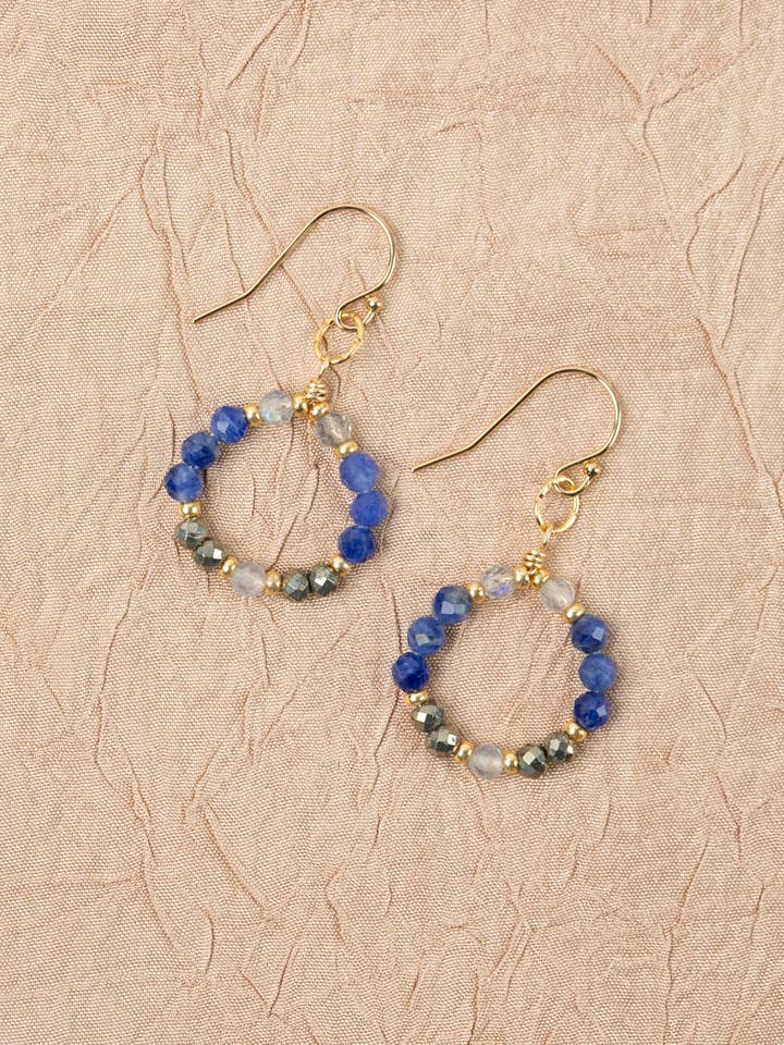 Blue Moon Lapis, Pyrite, Labradorite Hoop Earrings for wholesale by Anne Vaughan Designs Jewelry