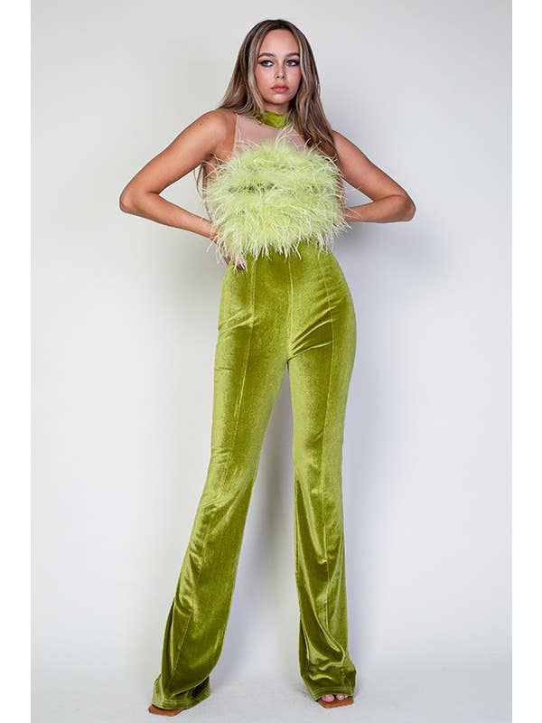 Chartreuse Ostrich Fur And Mesh Contrast Velvet Jumpsuit for wholesale on Faire4