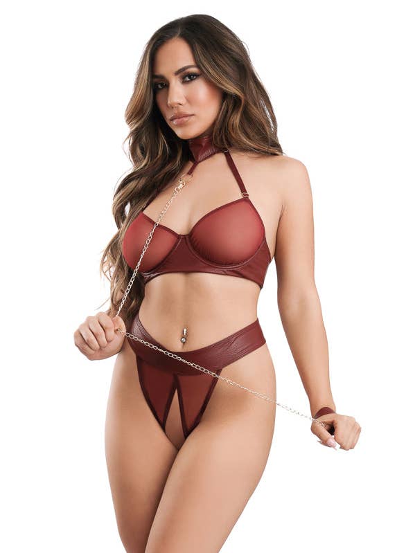 Burgundy Convertible Bra, Panty & Leash for wholesale on Faire0
