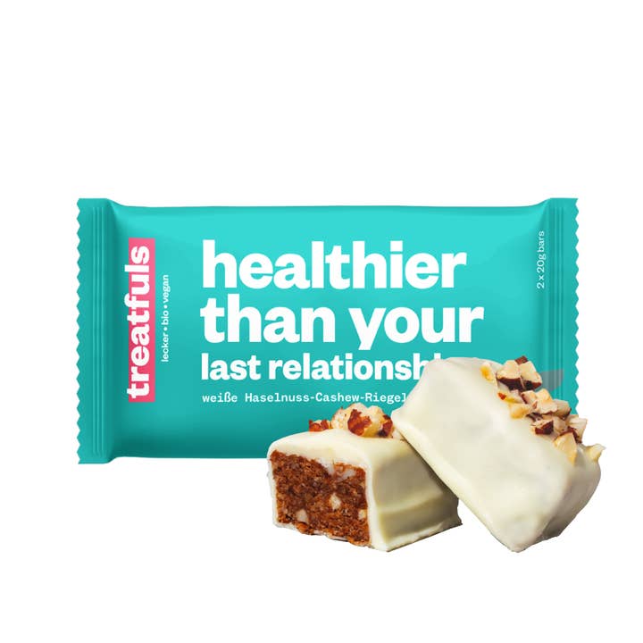 treatfuls – Großhandel Schokoriegel – weiße Schoko crunchy Haselnuss Riegel bio+vegan+glutenfrei