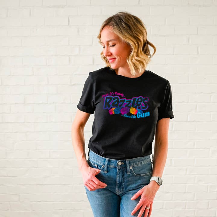 Black Razzles Retro Logo First, It's Candy...Then, It's Gum! Tee for wholesale on Faire2
