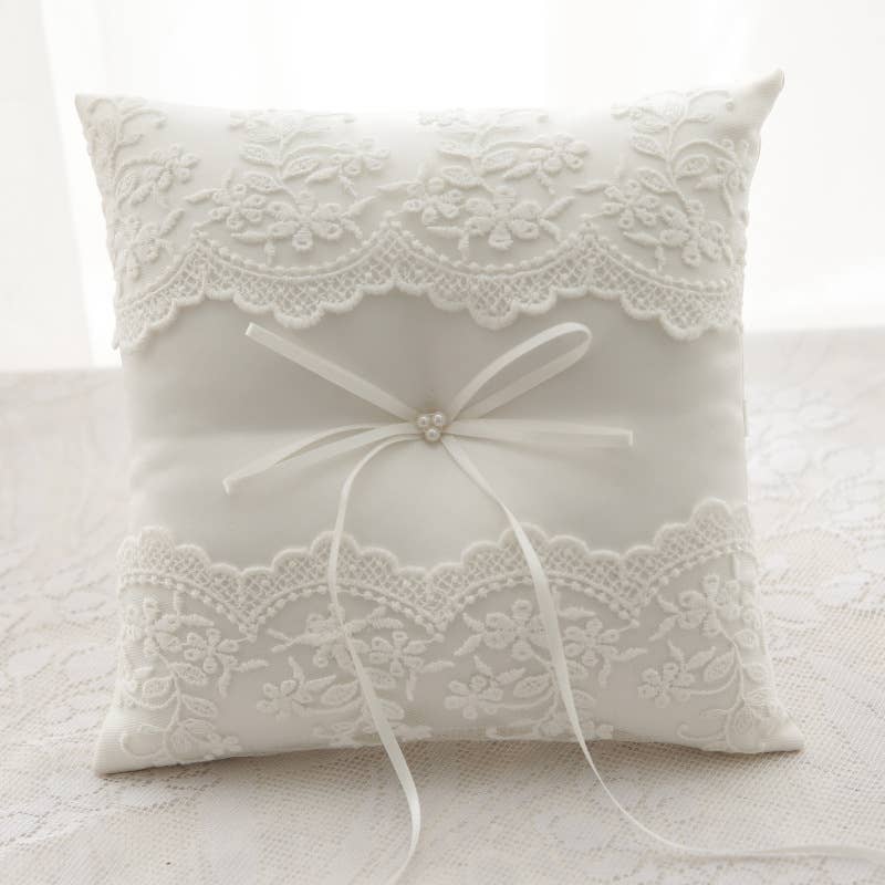 Floris Linens - Wholesale Pillow/Cushion - Kids & Baby - Three Pearl Wedding Ring Bearer Pillow with Lace0