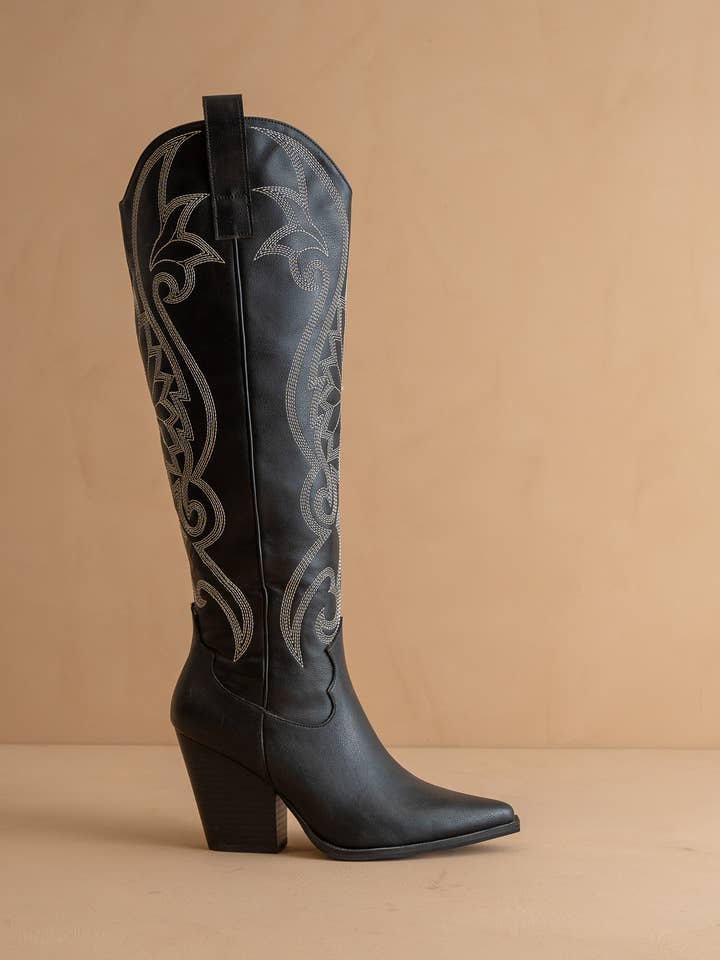 The Astrid Black | Knee High Embroidered Cowboy Western Boot for wholesale on Faire