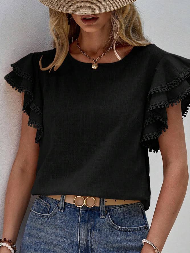 Comely Fashion - Wholesale Blouse - Women's - Plain Ruffle Sleeves Crew Neck Top