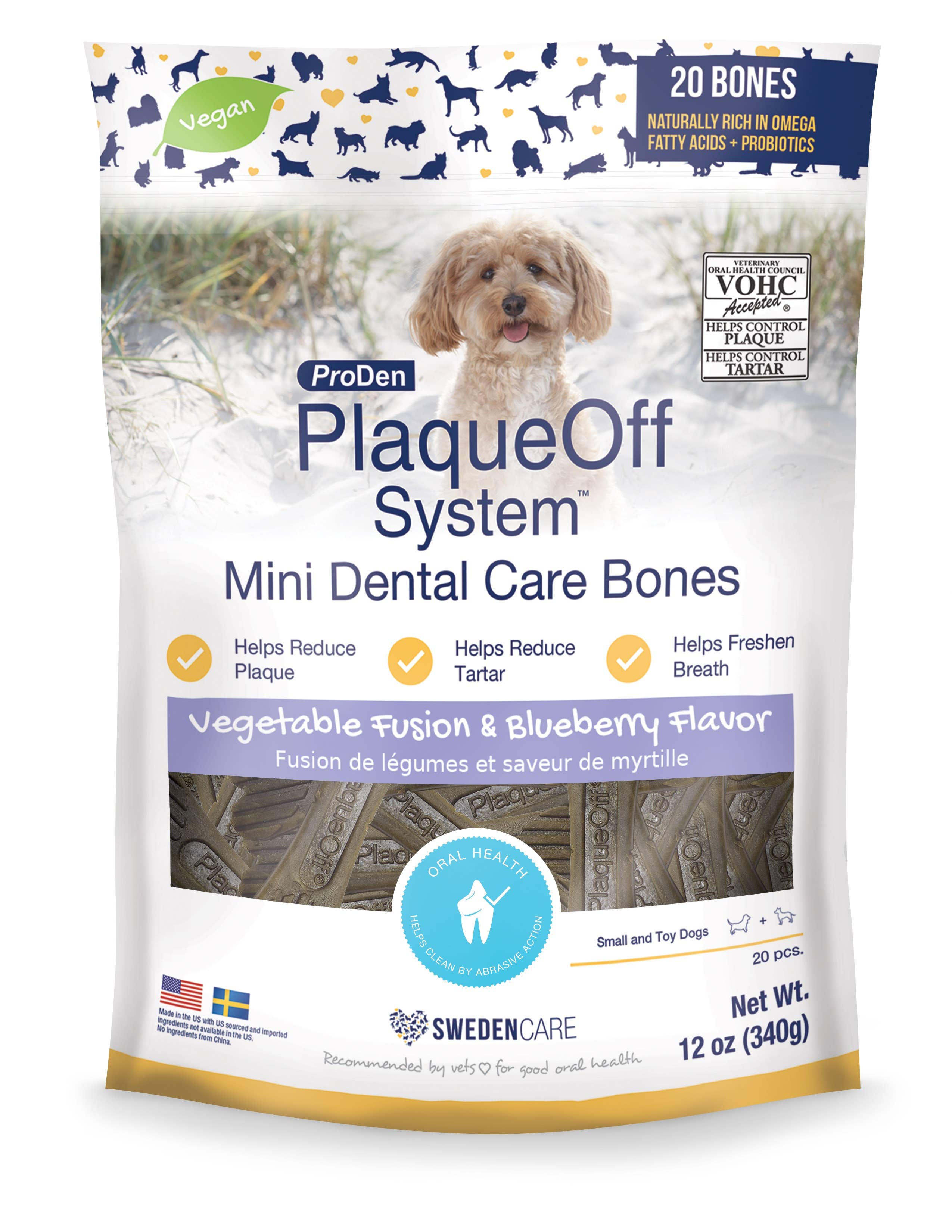 PlaqueOff Mini Dental Care Bones - Vegetable w/ Blueberry for wholesale by Pet Palette Distribution