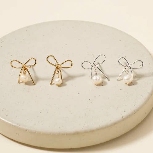 Mini Brass Metal Bow Ribbon with Pearl Dangle Post Earrings for wholesale by StarryNYC