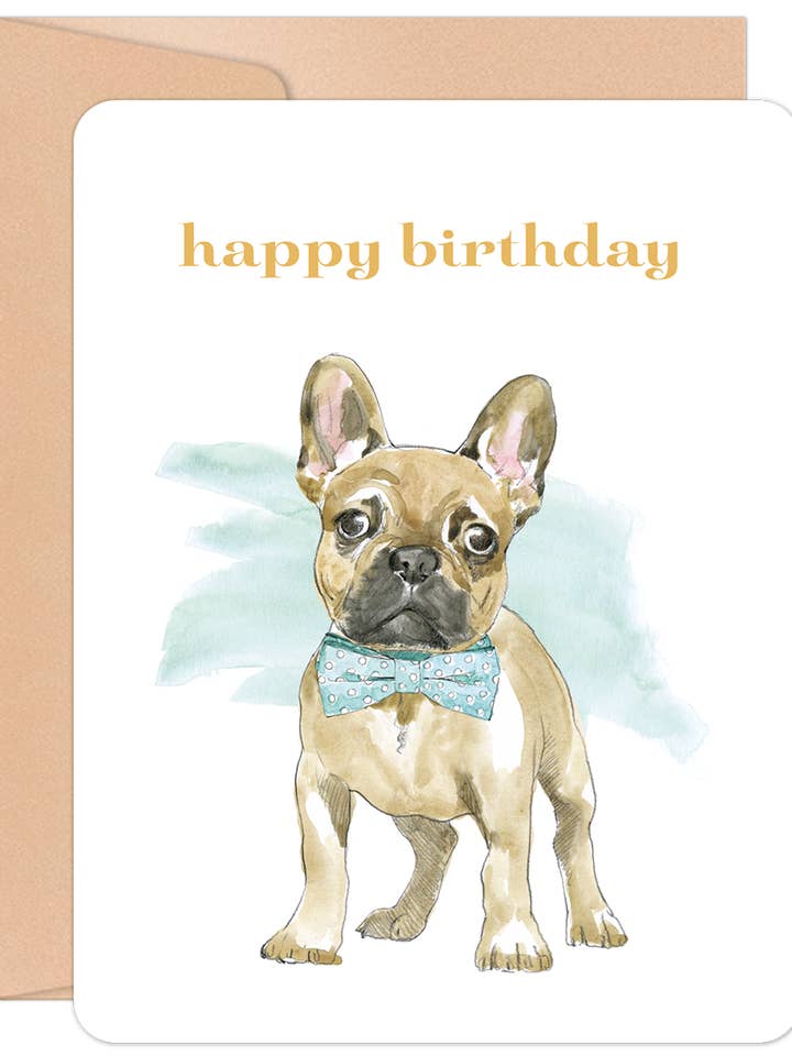 Happy Birthday French Bulldog with Bow Tie Birthday Card for wholesale by Willow & Ivy Press
