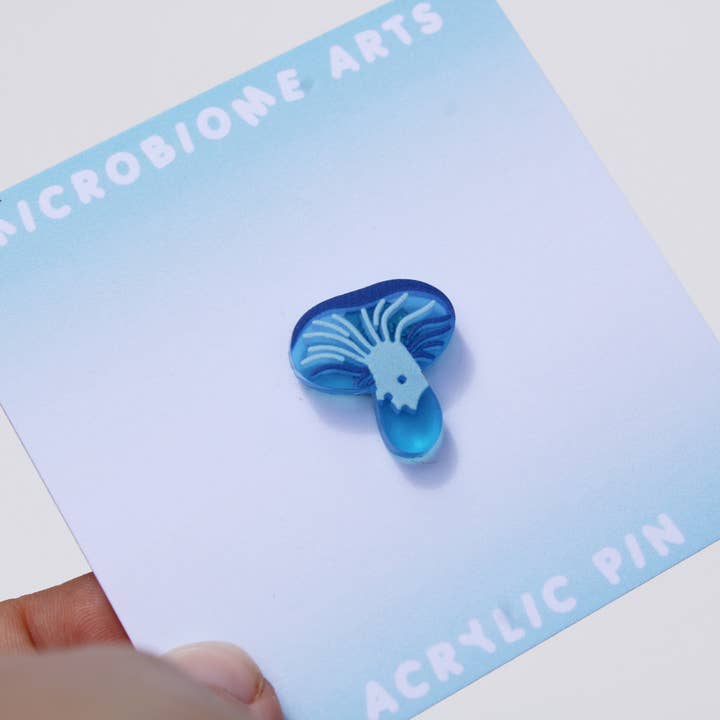 Frosted Indigo Milkcap Mushroom Acrylic Pin for wholesale by Microbiome Arts