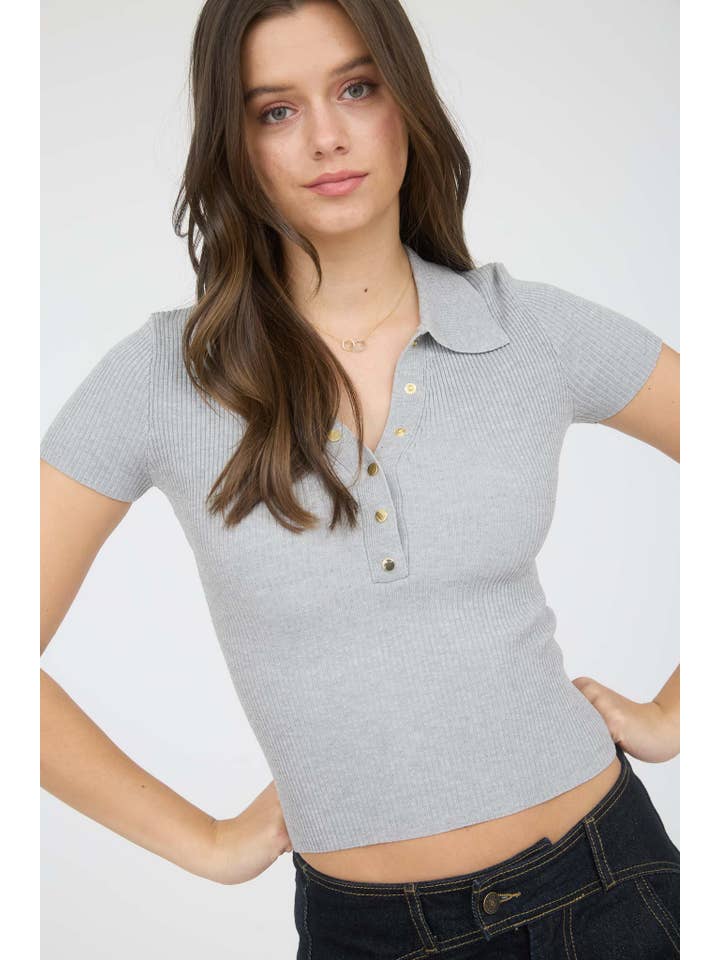 The Workshop Studio - Wholesale Knit Top - Women's - GOLD SNAP BUTTON SHORT SLEEVE SWEATER KNIT POLO