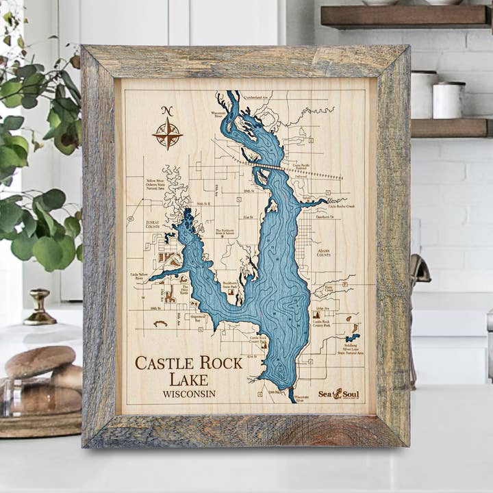 Mapa Náutico de Madera 3D de Castle Rock Lake para Pared - 2 Niveles para venta al por mayor de Sea & Soul Nautical Chart Art
