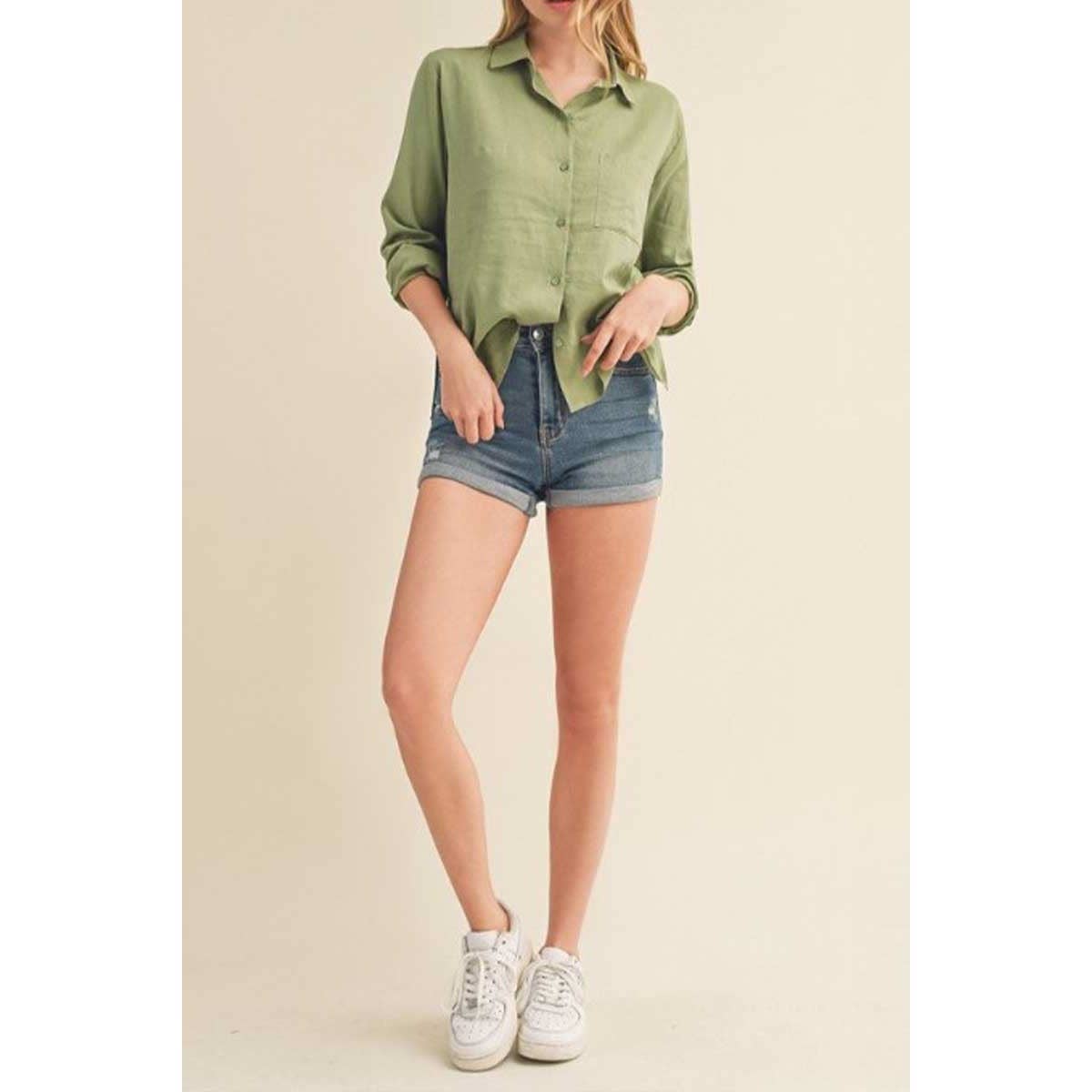 Timeless - Wholesale Button Down Shirt - Women's - LINEN LONG SLEEVE BUTTON DOWN SHIRT W SIDE SLITS3