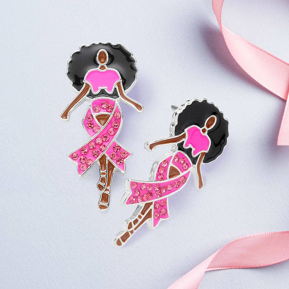 Sensibling Corp. - Wholesale Stud/Post Earrings - Stone Paved Pink Ribbon Enamel Afro Woman Earrings5
