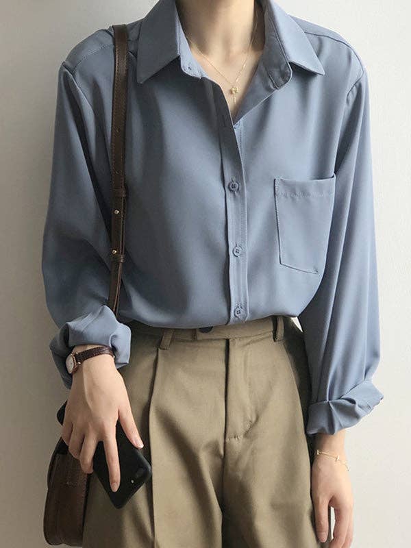 UZ Wholesale Store - Wholesale Button Down Shirt - Women's - Urban Solid Color Lapel Long Sleeves Blouse13