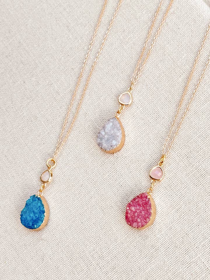 Matte Gold Teardrop Druzy Quartz Pendant Long Necklace for wholesale by Gracie Rose Designs