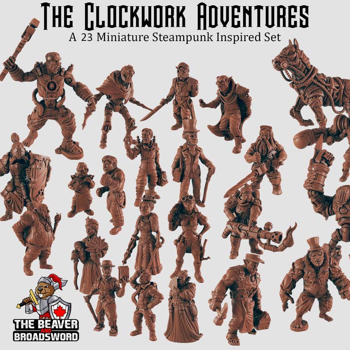 The Clockwork Adventures 23 Mini Set - EC3d | DnD | Steampunk | Automaton | Fighter | Villagers | City | Pathfinder | Human, TTRPG Wargaming for wholesale by The Beaver and Broadsword