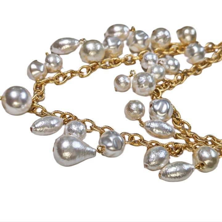 Gay Isber Designs – wholesale Beaded/pearl necklace – Handlinked Vintage 2 Strands Pearls Gold Textured chain 20 adjustable inches US Made Gold Lobster Claw Handmade Sugar Gay Isber7