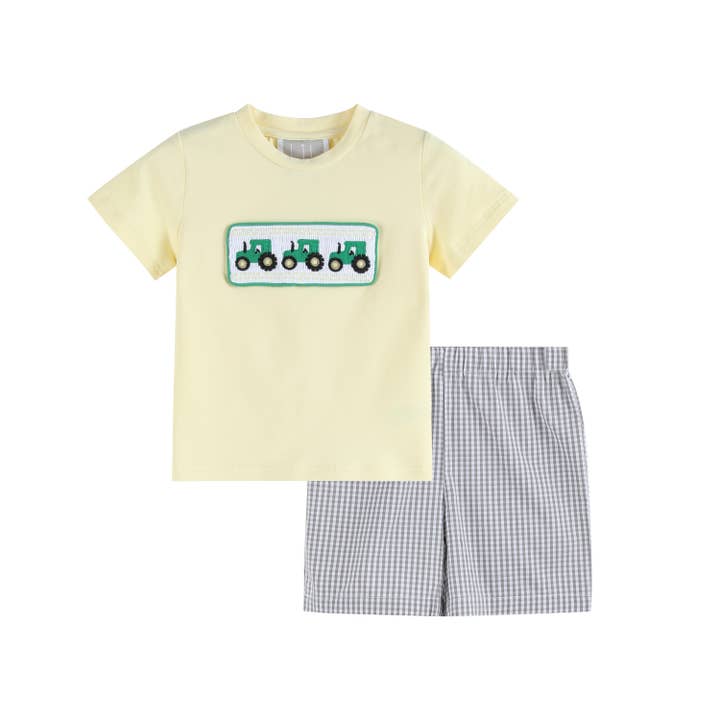 Lil Cactus - Wholesale Top & Short Set - Kids - Green Tractor Smocked T-Shirt and Gray Gingham Shorts Set