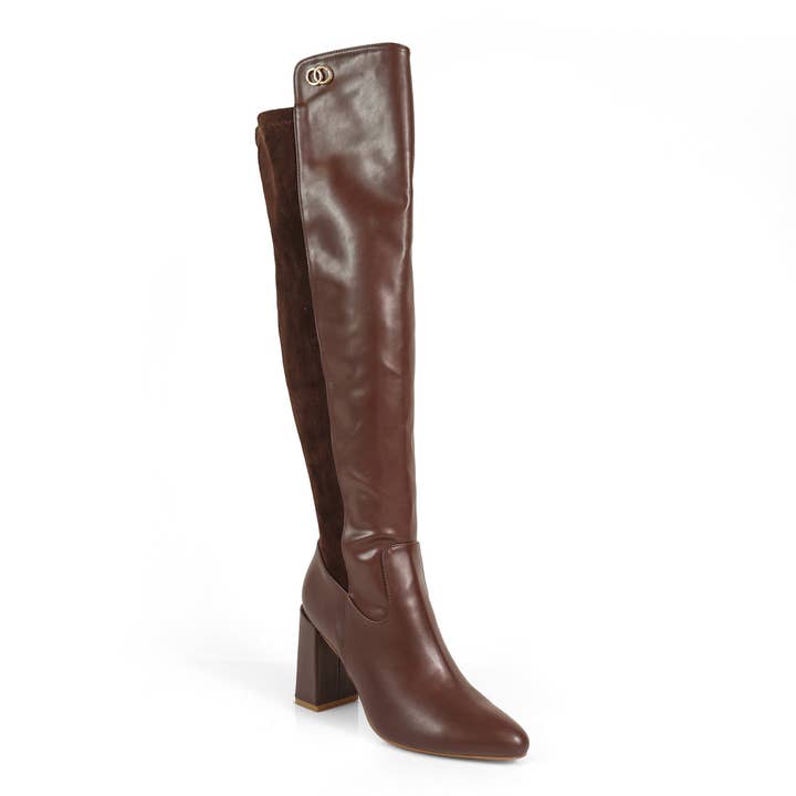 RAYE-1 KNEE HIGH STRETCHY BOOTS W/ BLOCK HEEL BROWN for wholesale by Liliana Shoes