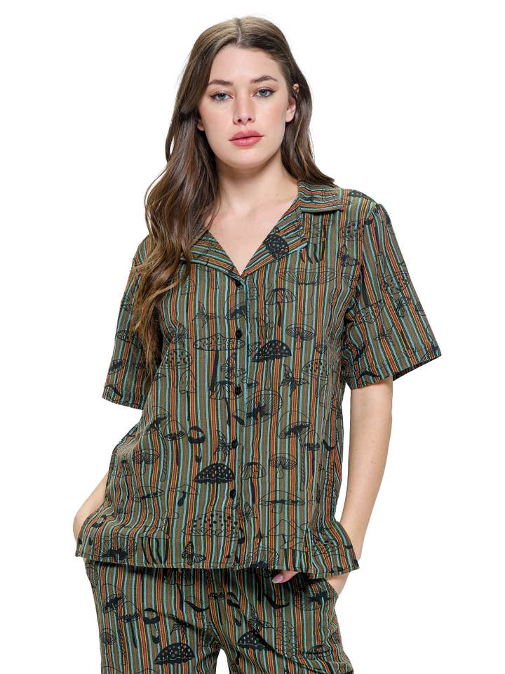 SALE Button up Blouse Mushroom Print Striped for wholesale by Yak & Yeti